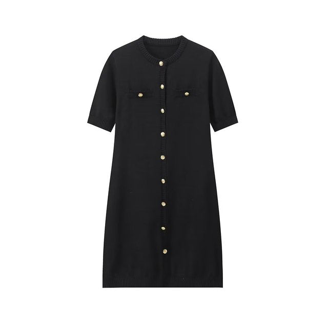 Color Knitted Mini Dress for Metal Button Slim Rib Sweater Dress Holiday Party Outfits Spring New