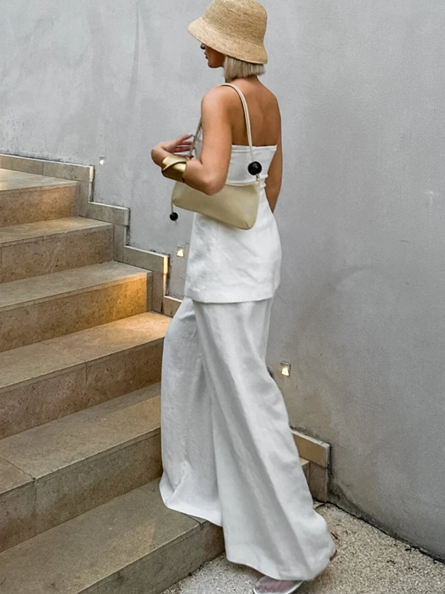 White Simple Wide Leg Pants Sets Summer New Off Shoulder Sleeveless Tube Tops Pants 2 Piece Set