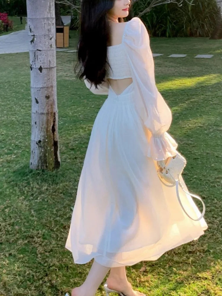 White Bandage Oneck Lantern Sleeve Maxi Midi Dresses for Party Holiday Backless Prom Bodycon Dress Summer