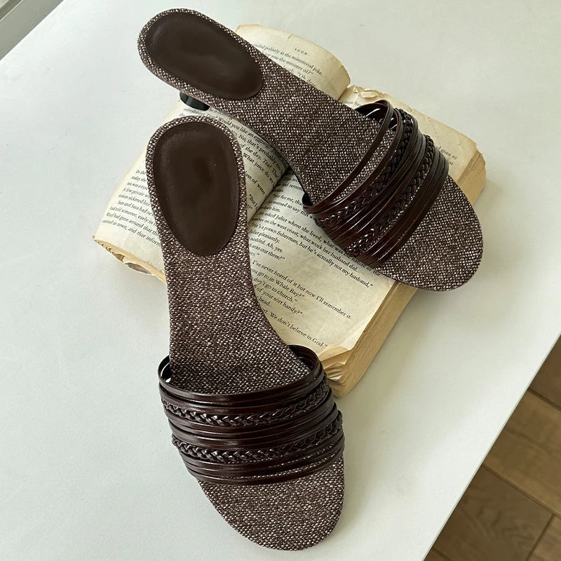 Designer Summer Low Heel Weave Slippers Open Toe Dress Slides Outdoor Gladiator Shoes