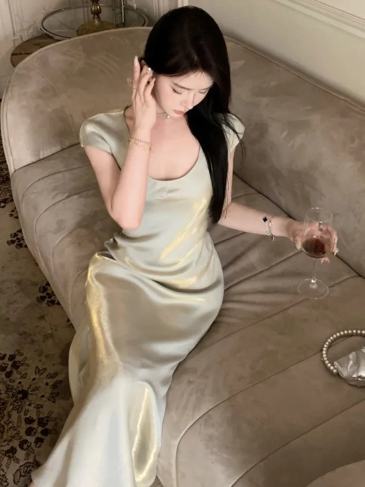Bodycon Mermaid Midi Dress Summer Female Evening Party Maxi Dresses Short Sleeve Vestidos French Robe