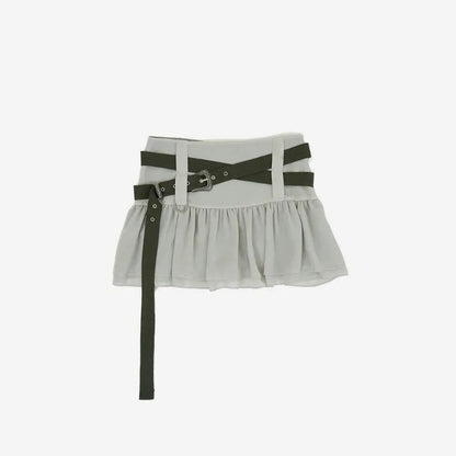 Spring and Summer Korean Retro High Street Low Waist Ruffles Skirt With Belt Mini Skirt