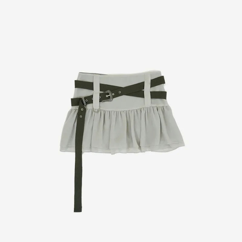 Spring and Summer Korean Retro High Street Low Waist Ruffles Skirt With Belt Mini Skirt