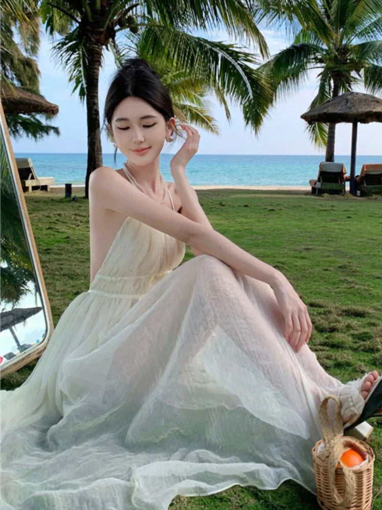 Backless Pleated Aline Long Dresses Summer Beige Slim High Waist Holiday Sleeveless Round Neck Halter Bandage Fairy Dress