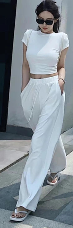 Sweet Hot Girl Suit Summer Slim Fit Oneck Shortsleeved Tshirt Wide Leg Long Pants Twopiece Set Female Clothes