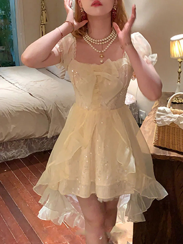 French Style Temperament Sweet for Dress New Spring Summer Sequinstighten the Waist Dress Bow Princess Mini Dress