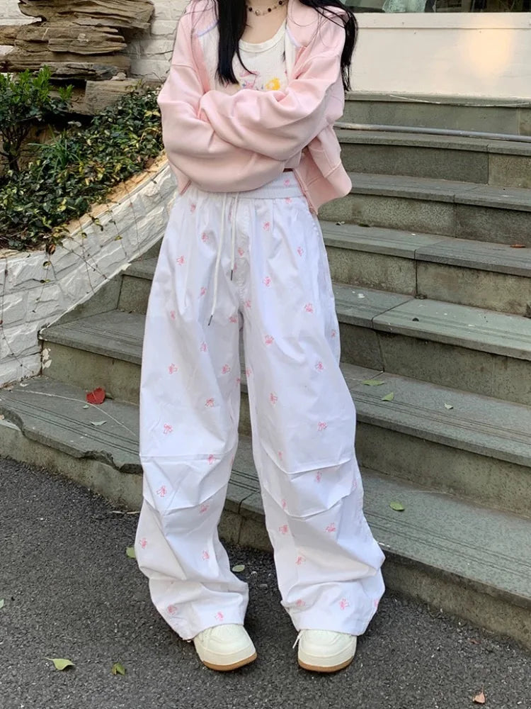 Y2k Parachute White Jogger Pants Baggy Bow Printed Sweatpants Hip Hop Slouchy Sporty Bottoms