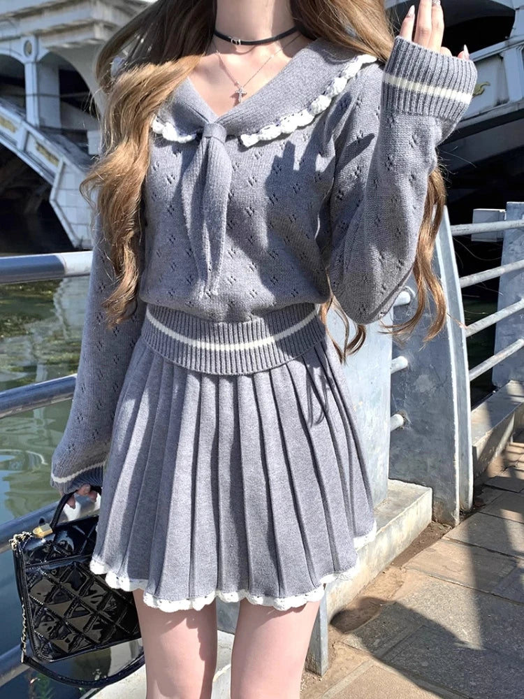 Winter Spring New 2 Piece Mini Sweater Knit Pleated Skirts Set Slim Korean Preppy Style Female Outfits