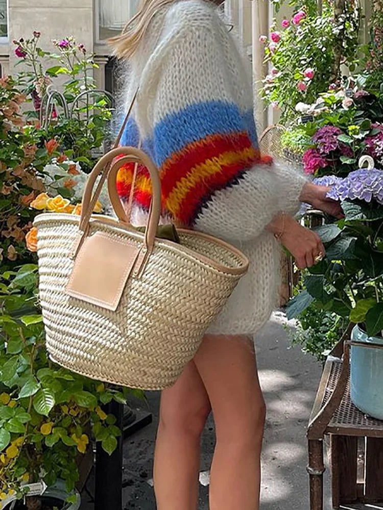 V Neck Simple Patchwork Striped Sweaters, Autumn Winter Long Lantern Sleeve Cardigan, Loose Knitted Tops