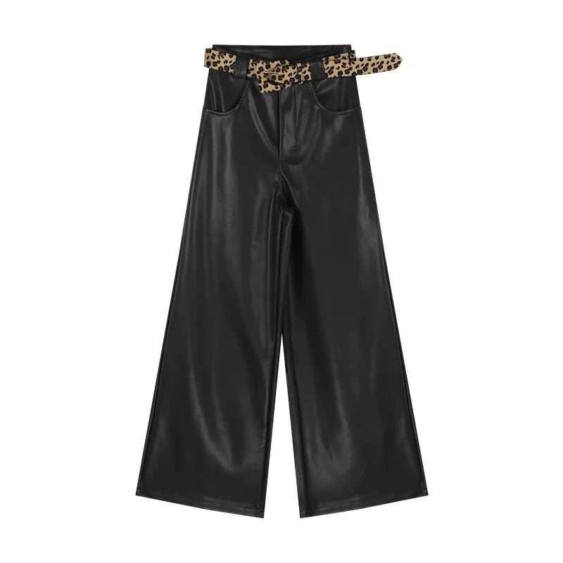 Color Allmatch Leather Wide Leg Pants Winter New High Waist Leopard Belt Loose Pants