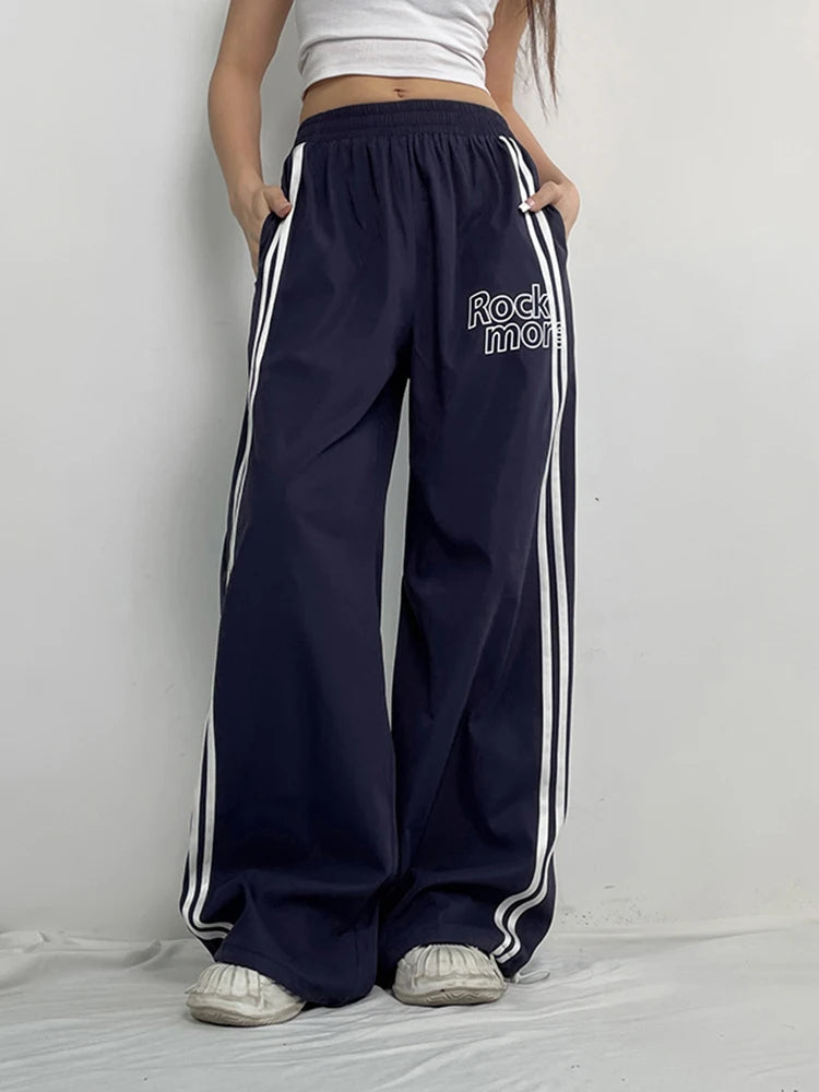 Side Stripe Elastic High Waist Loose Straight Leg Pants Letter Print Street Style Hippie Baggy Trousers Preppy