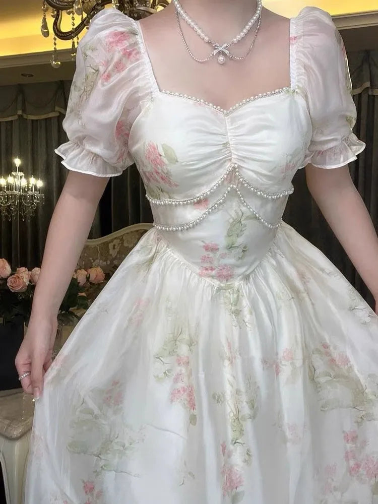 Print Midi Dress Summer New Square Collar Female Puff Sleeve Fairy Holiday Vestidos