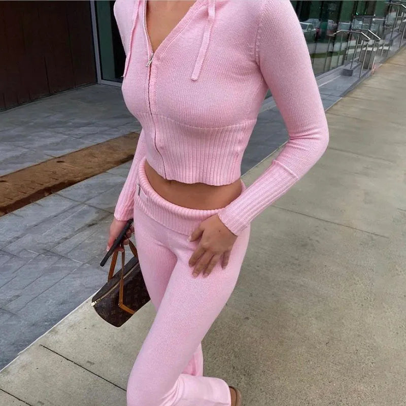 Knitted 2 Piece Sets Tracksuit Long Sleeve Zipper Hooded Sweater Crop Top Flare Pants Stretch Matching Suit Outfit