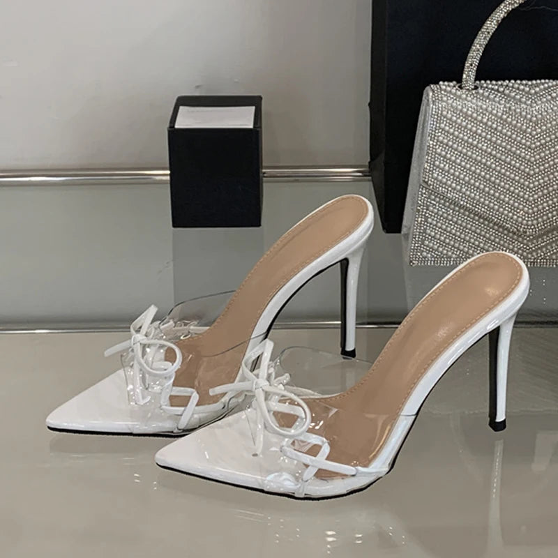 Pointed Toe Red High Heels Transparent Slippers Leather Bowknot Designer Sandal Summer Party Dress Shoes