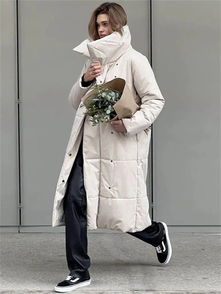Winter Female Parkas Outwear Loose Lace-up High Waist Long Sleeve Pocket Lapel Bandage Coat for Parkas