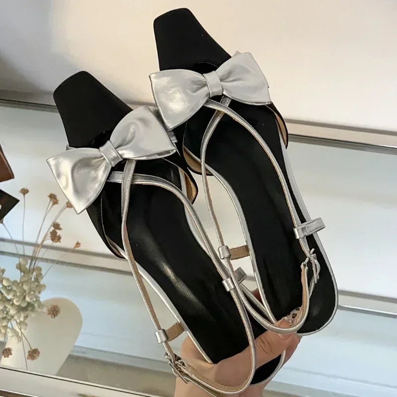 Sweet Butterflyknot Low Heel Mules Shallow Dress Shoes Female Comfy Crosstied Square Toe Slingback Sandals