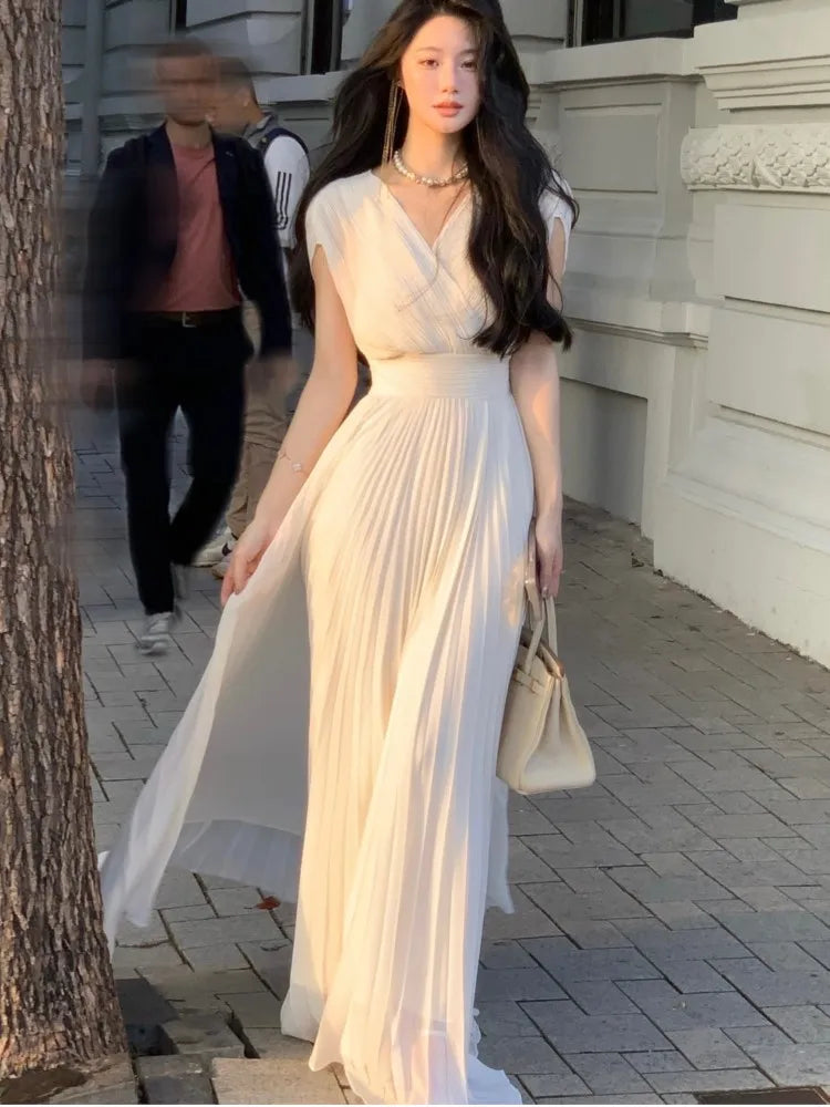 Summer New Party Pleats Long Dresses for Vneck High Waist Holiday Sleeveless Female Clothing Robe