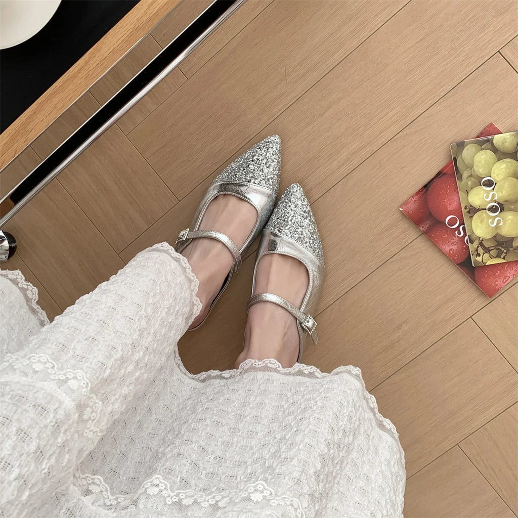 Shoes Woman's Slippers Pointed Toe Slides Silver Cover Flat Scandals Bling Slippers Shoes Cover Toe S