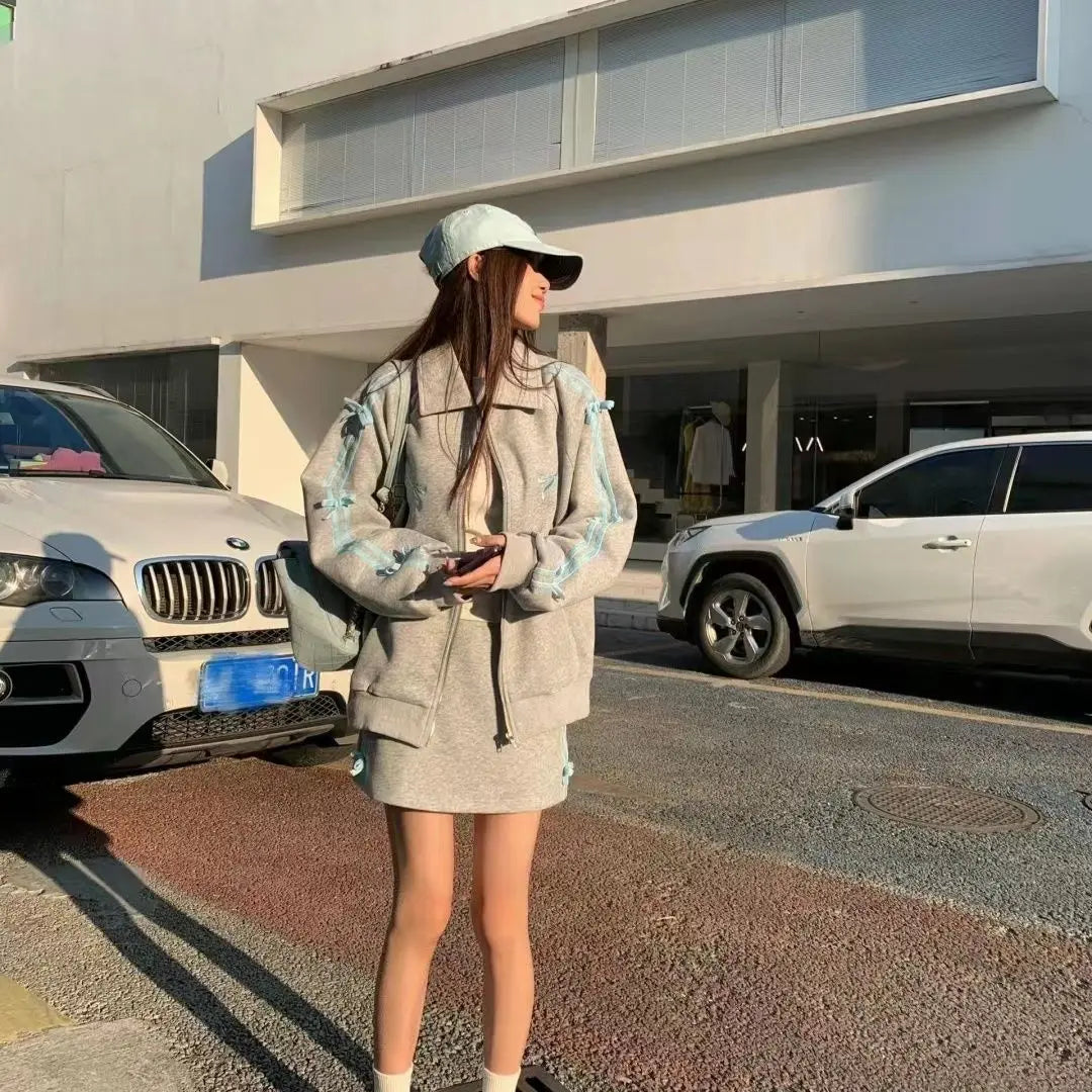 Spring Gray Two Piece Set Outfits Sports Style Plush Loose Zipper Hoodies Coat Aline Short Skirt Set