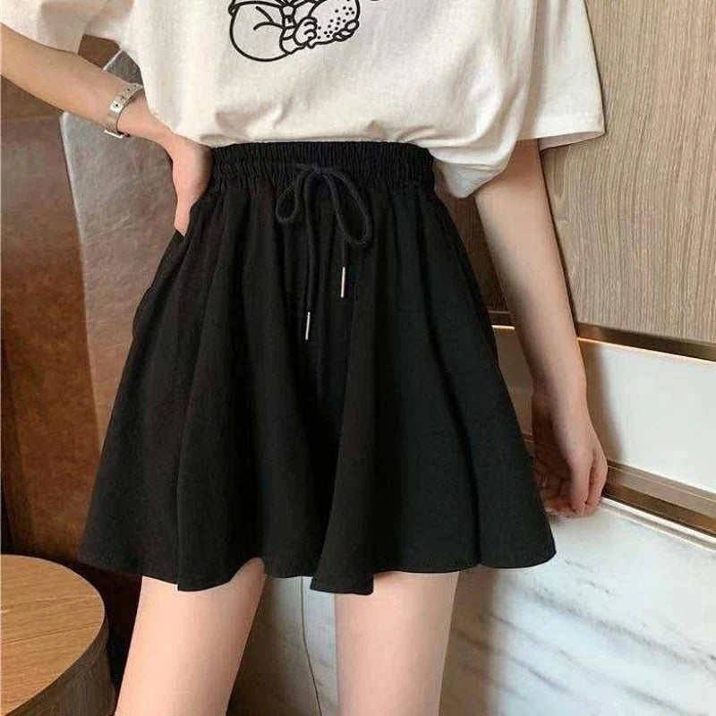 5xl Summer Shorts Skirts Elastic High Waist Wide Leg Shorts Korean a Line Loose Mini Skirt Black Short Pants
