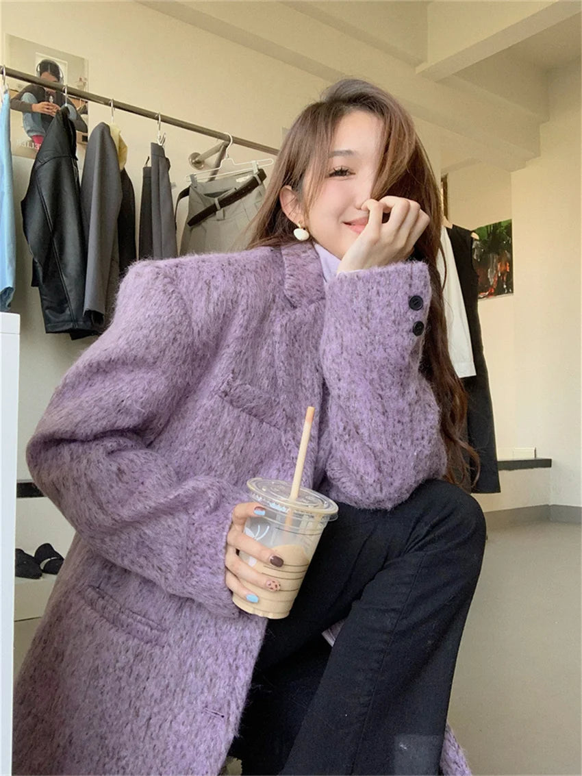 Purple Slimfit Blazers Winter Woolen Mujer Office Lady High Street Ol Warm New All Match Coats