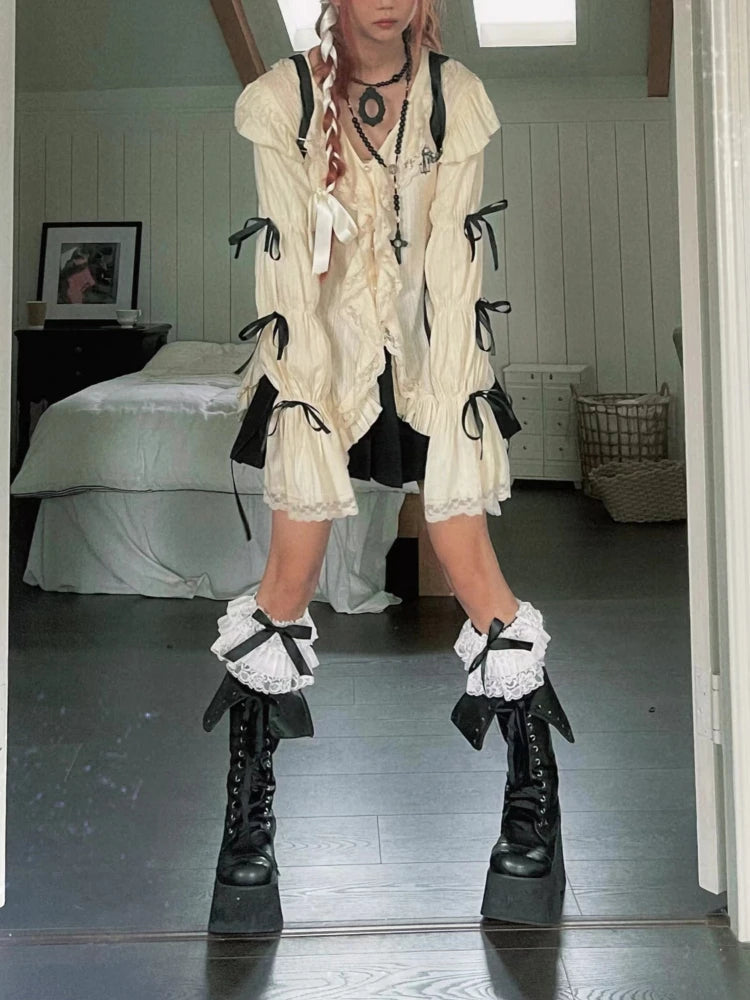 Y2k Aesthetic Lace Shirt Egirl Ruffle Irregular Goth Embroidery Blouses With Bow Fairycore Grunge Lolita Style Clothes