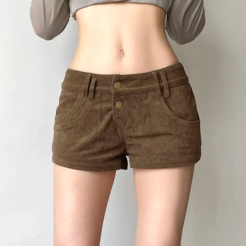 Autumn/winter Retro Furry Leopard Pattern Spliced Corduroy Shorts for Low Waist Slim Spicy Girl Pocket Hot Pants