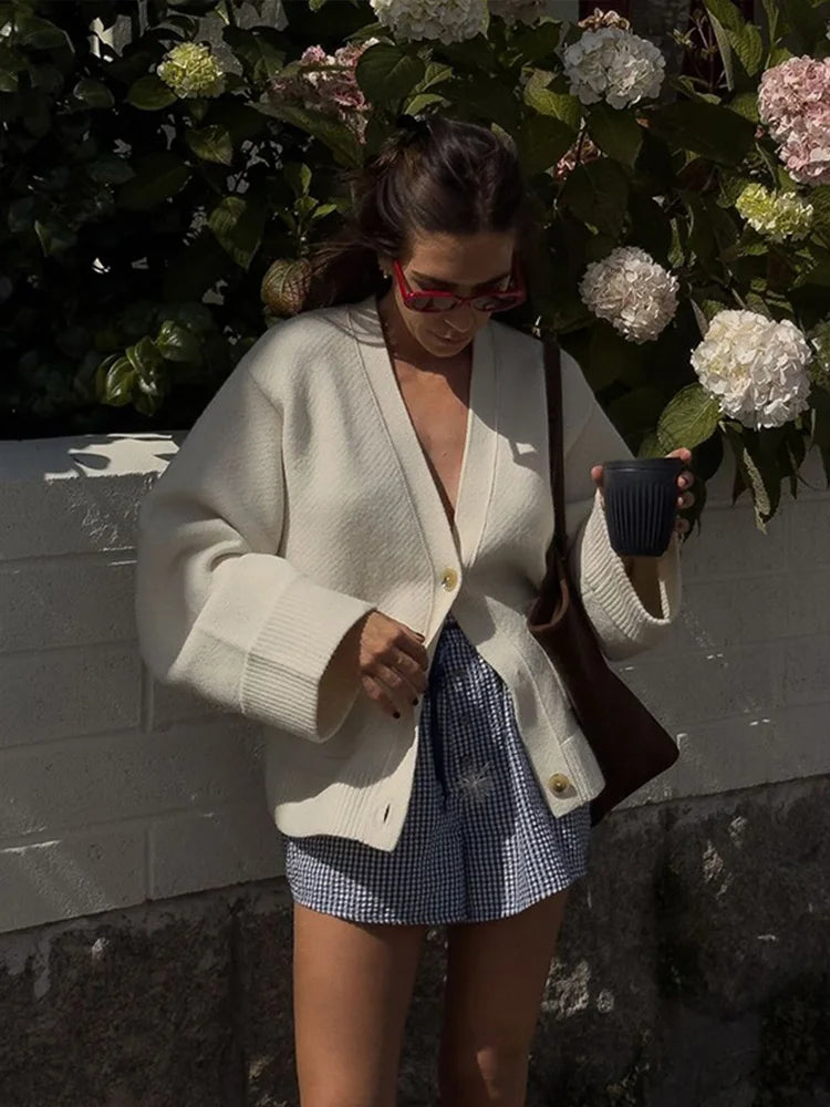 Knitted V-neck Cardigan Loose Single Breasted Pockets Sweater Female Versatile Street Knitwear