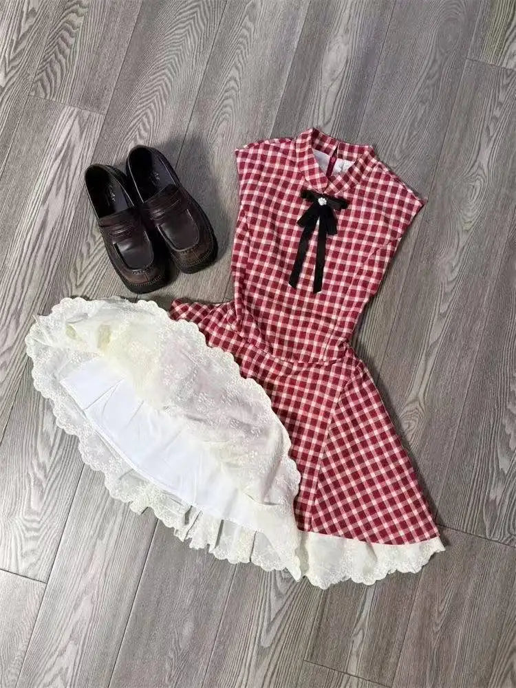 Woman Sweet Sleeveless Y2k Mini Dress Patchwork Japanese Style Red Plaid Dress Party Korean Slim Dress Summer