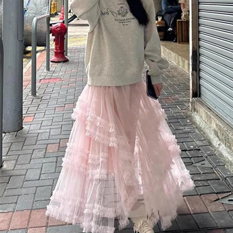 Pleated Loose Mesh Midlength Skirt Summer New Korean High Waist Color All Match Aline Skirt