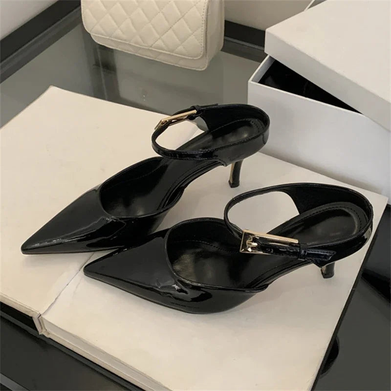 Patent Leather Pointed Toe Buckle Strap Slippers Thin Heels Wedding Dress Mule Shoes