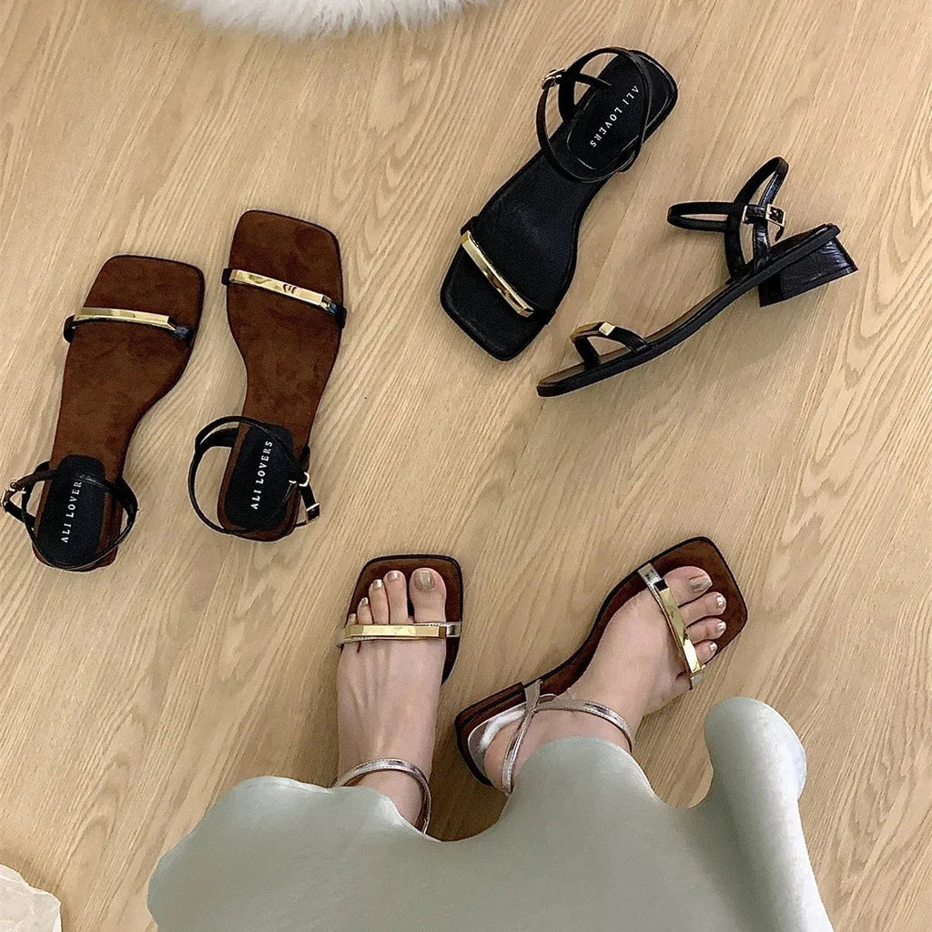 Sandals Block Heels Clear Shoes Suit Female Beige Buckle Strap Open Toe New Chunky Low Black Comfort Peep Pu