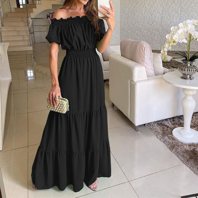 Summer Vestidos Red Short Sleeve Club Party Evening Long Dress Slim Color Robe Ruffles Elastic Waist Slash Neck