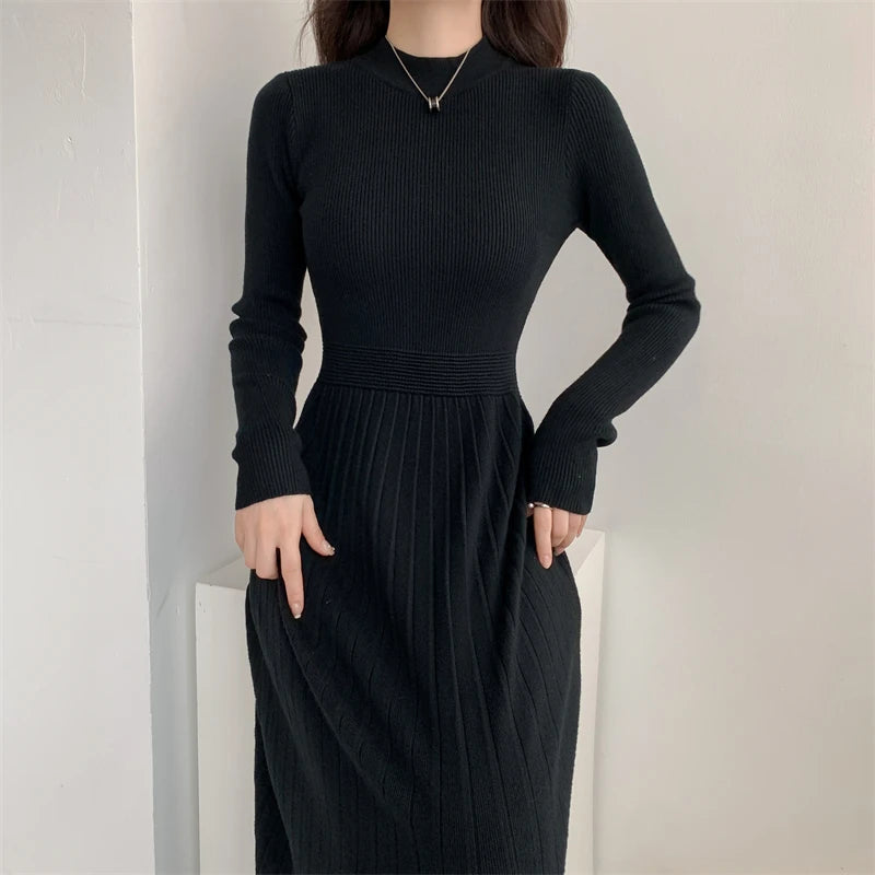 Autumn/winter British Style Celebrity Knitted Dress Half High Neck Slim Fit Inner Matching Coat Pleated Long Dress