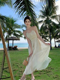 Backless Pleated Aline Long Dresses Summer Beige Slim High Waist Holiday Sleeveless Round Neck Halter Bandage Fairy Dress