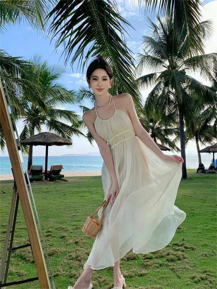 Backless Pleated Aline Long Dresses Summer Beige Slim High Waist Holiday Sleeveless Round Neck Halter Bandage Fairy Dress