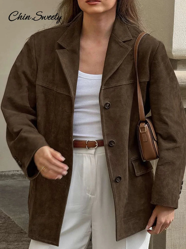 Suede Jackets Loose Lapel Single Breasted Long Sleeves Pockets Blazer Coats Female Autumn New in Outwear
