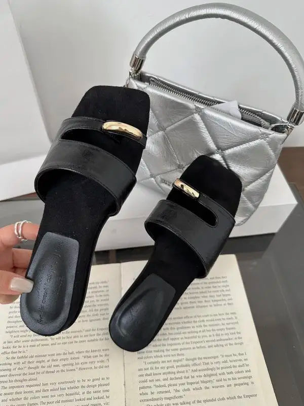 Shoes Woman Slippers Summer Square Toe Slides Rivet Pantofle Flat Designer New Rivet Shoes Slippers Summer Pan