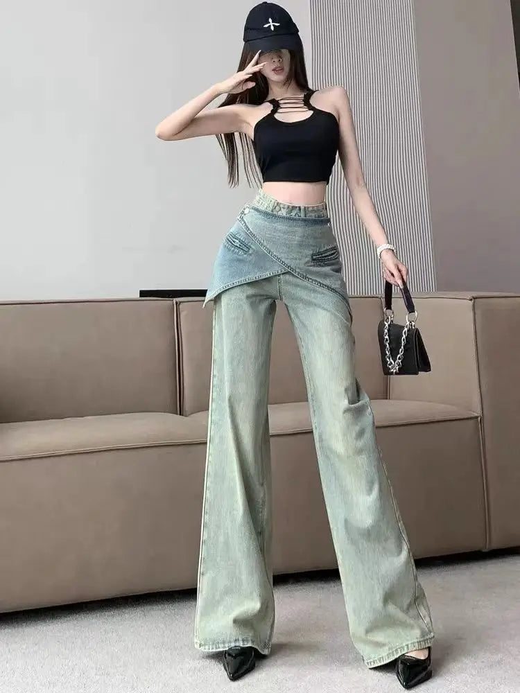 Light Blue Jeans Irregular Belt Cowboy Denim Straight Wide Leg Pants Female 90s Do Old Aesthetics Trousers