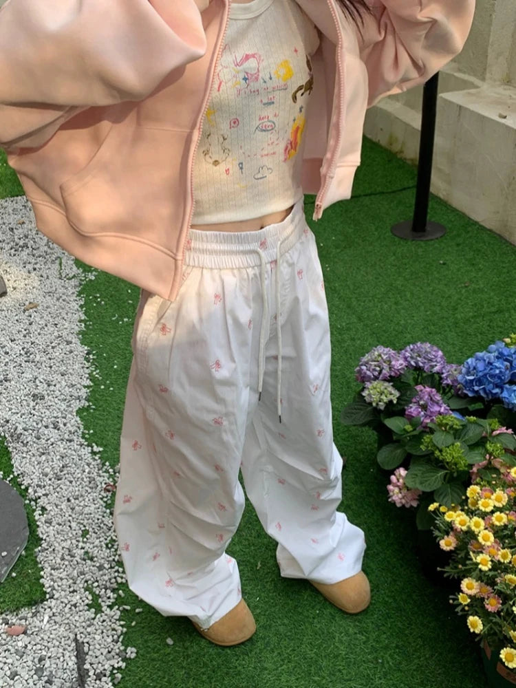 Y2k Parachute White Jogger Pants Baggy Bow Printed Sweatpants Hip Hop Slouchy Sporty Bottoms