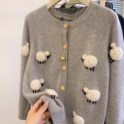 Sweet Hot Girl Threedimensional Lamb Knitted Cardigan Autumnwinter Thickened Oneck Longsleeved Loose Sweater