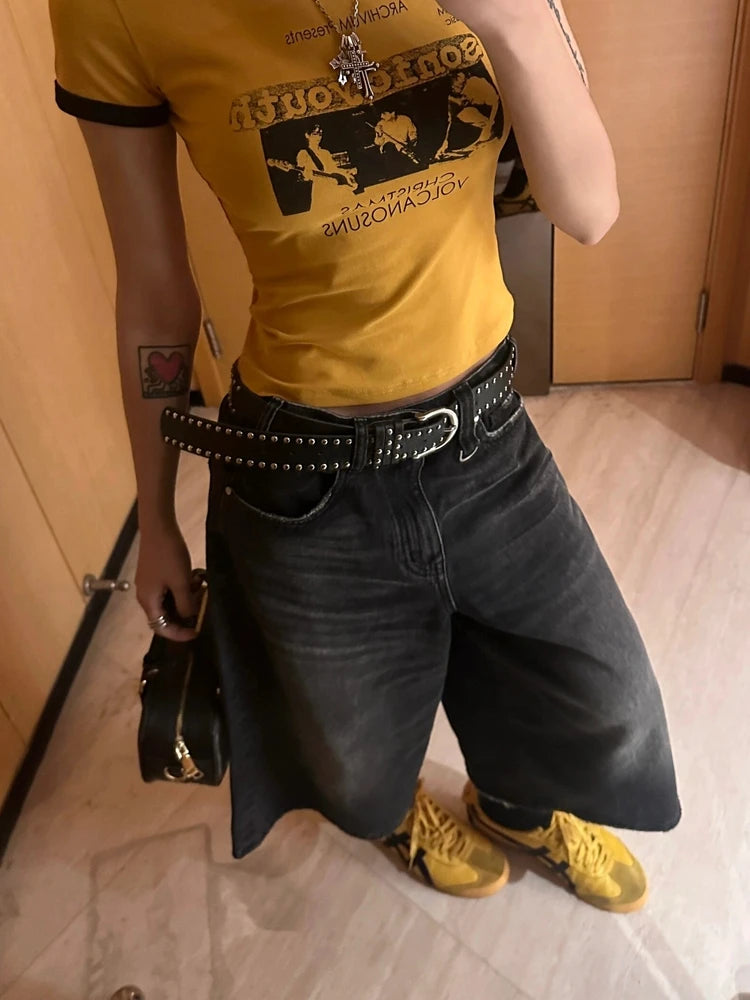Black Calflength Shorts Jeans Oversize Wide Leg Denim Pants Y2k Causal Do Old Summer Bottoms