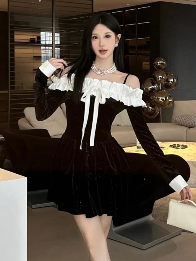 Velvet Dresses Off Shoulder Slash Neck Princess Birthday Party Mini Dress Spaghetti Strap Short Vestidos New