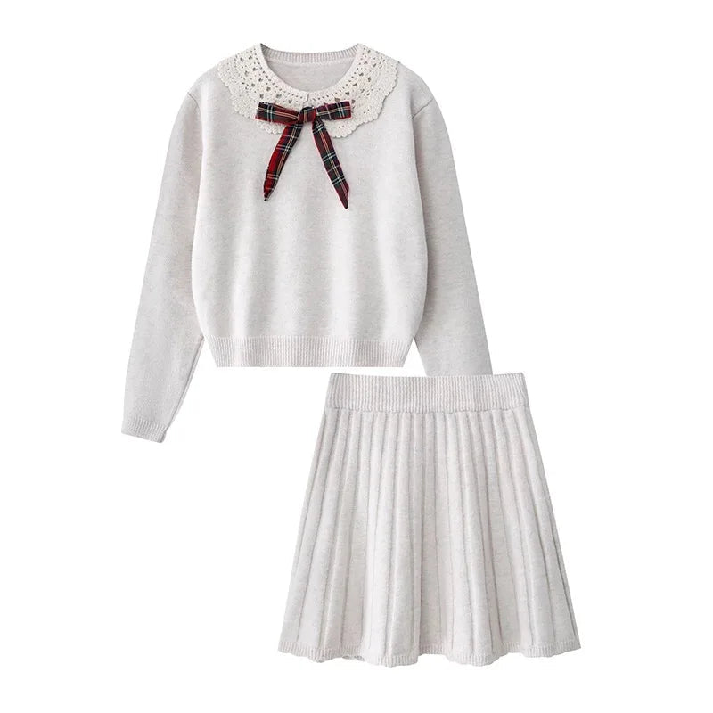 Sweet Hot Girl College Style Suit Autumn Bow Peter Pan Collar Sweater High Waisted Short Skirt Twopiece Set