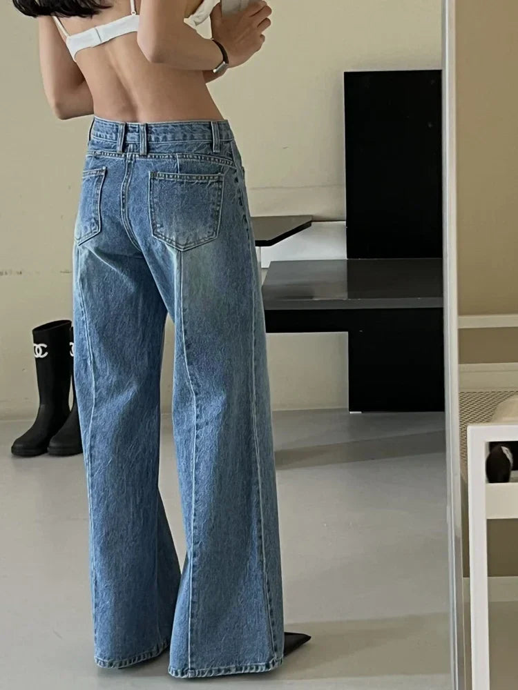 High Waist Loose Pockets Jeans Blue Wide Leg Pants Y2k New Autumn Winter Jeans