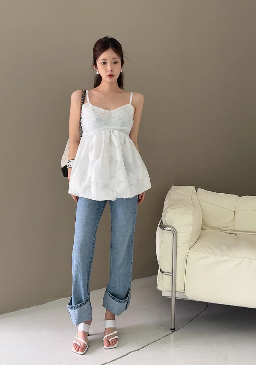 3d Embroidered Jacquard Tank Top Strap Summer New Style Unique Design Lotus Leaf Edge Puff Blouse Top