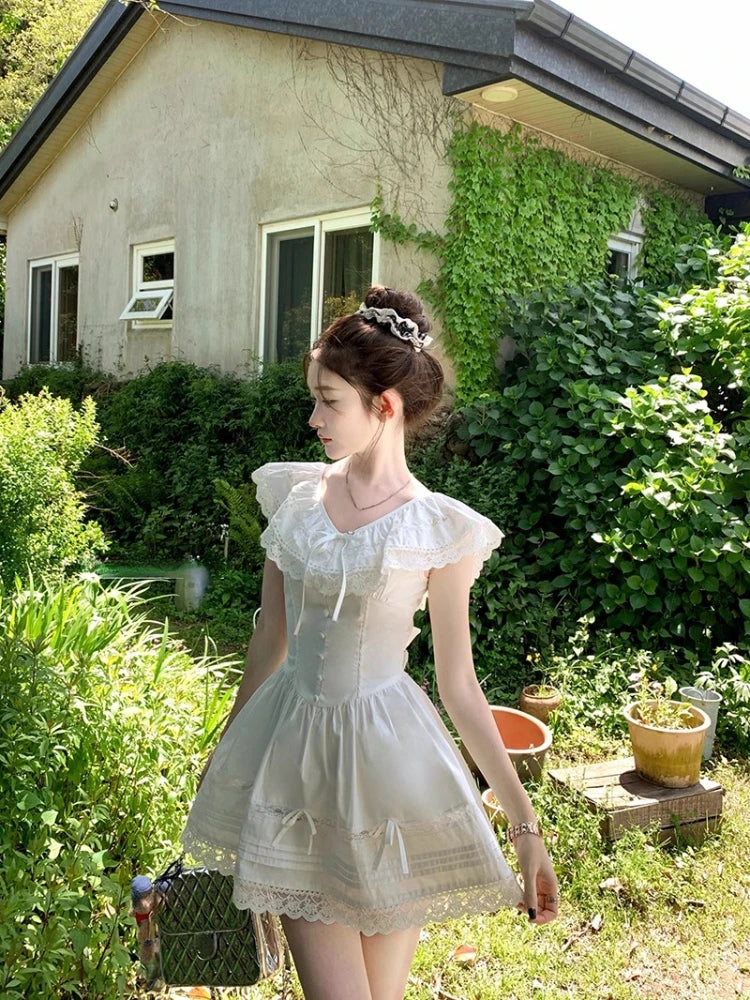Sweet White Lace Dress Evening Party Turndown Collar Mini Dress French Midi Dress Summer