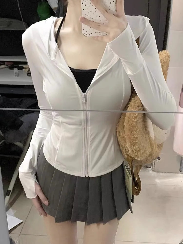 Sweet Pink Ice Silk Sun Protection Coat Summer Slim Fit Zipper Cardigans Y2k Egirl Long Sleeve Jackets Mujer