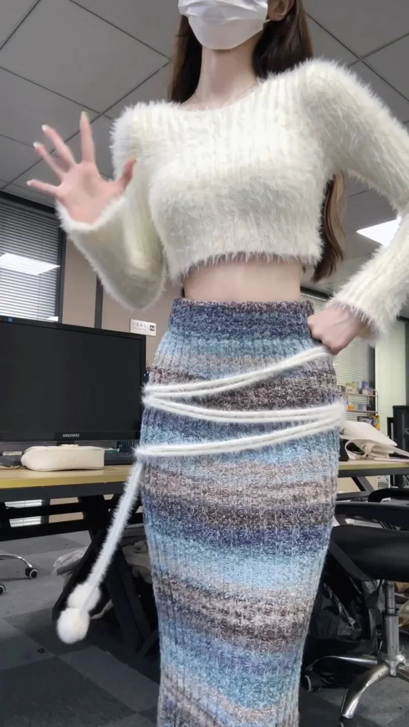 Sweet Hot Girl Knitted Suit Autumn and Winter Longsleeved Mohair Sweater High Waist Skirt Twopiece Set Female Clothes