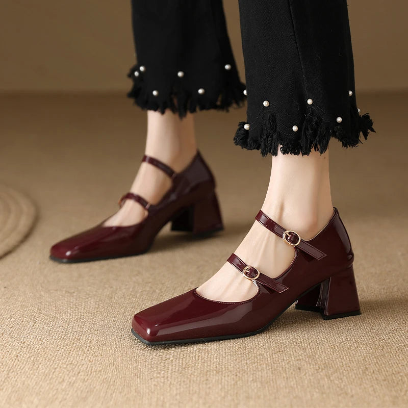Silver Black Burgundy Heels Buckle Strap High Heels Pumps Mary Jane Shoes Lady Party Wedding Shoes